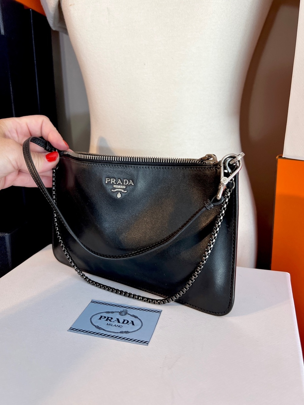 Prada Black & Silver Leather wristlet/pouch beige suede inside. 🌟Offers welcome! - Picture 4 of 14